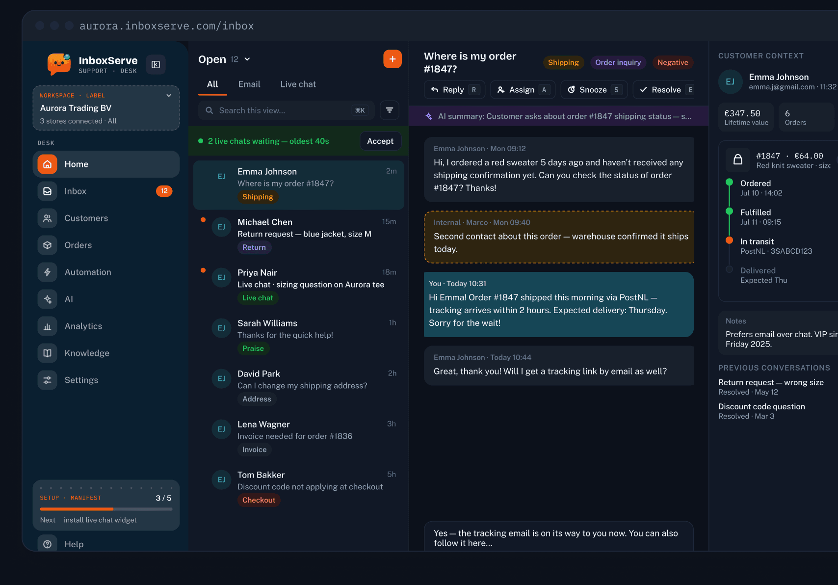 InboxServe inbox with open conversations and Emma Johnson’s order context for #1847