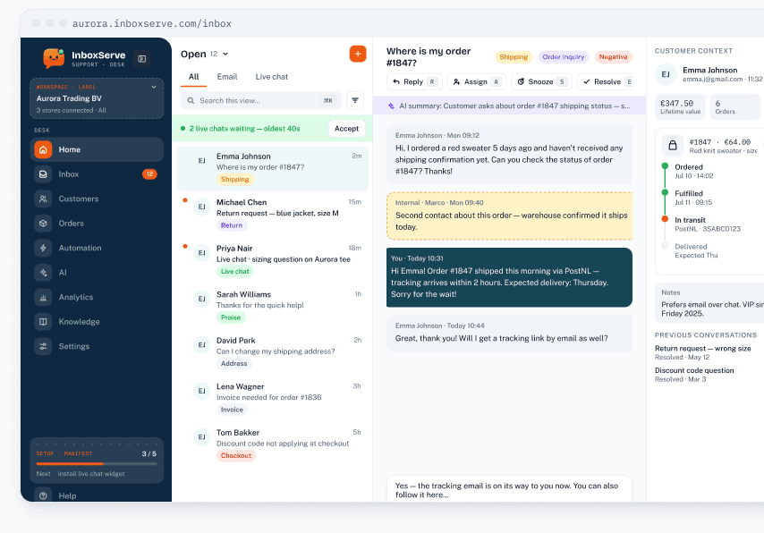 InboxServe inbox with open conversations and Emma Johnson’s order context for #1847
