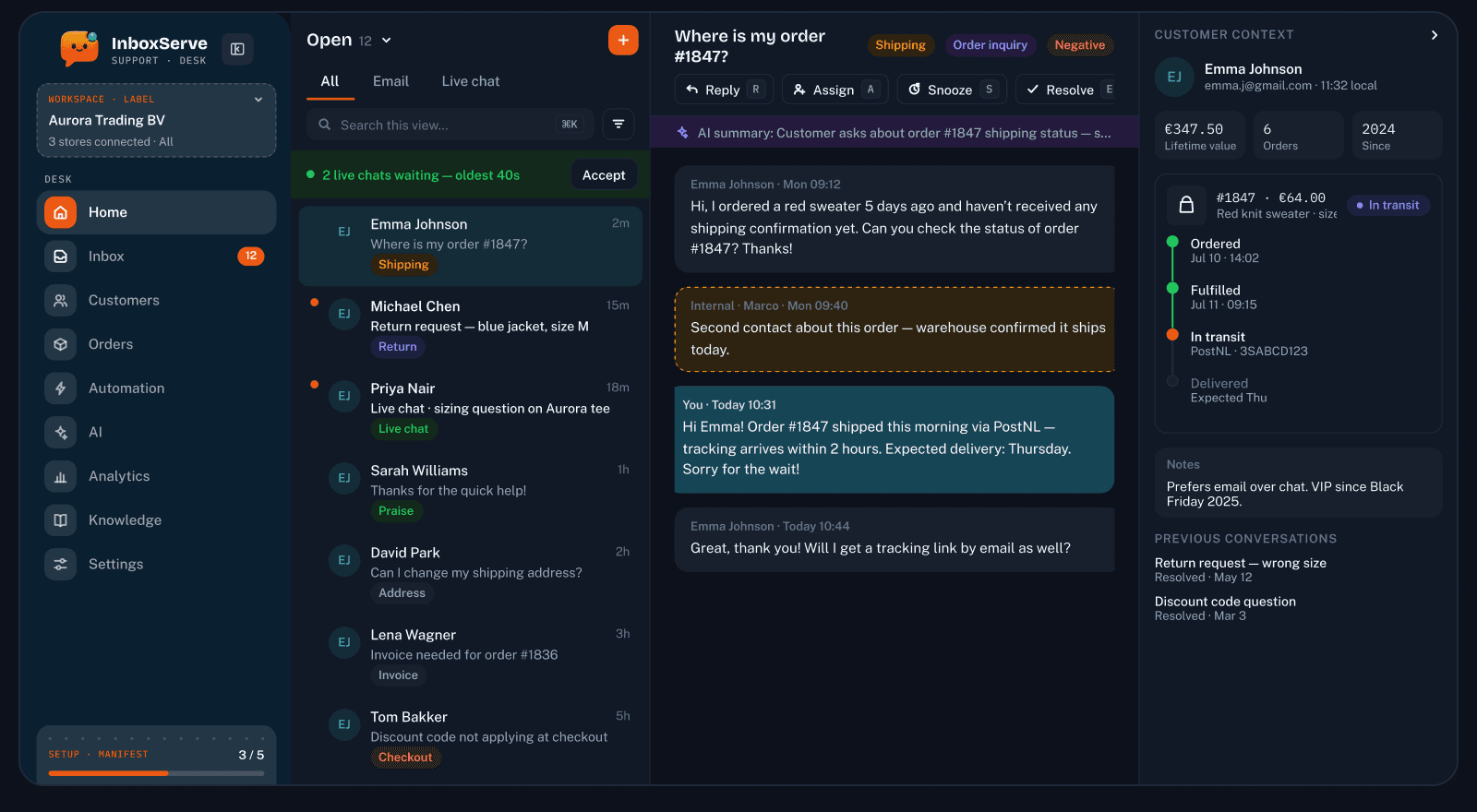 InboxServe inbox with conversation list, thread, and customer context