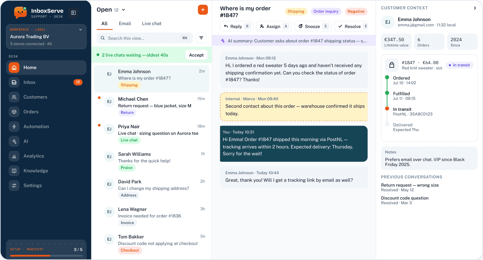 InboxServe inbox with conversation list, thread, and customer context