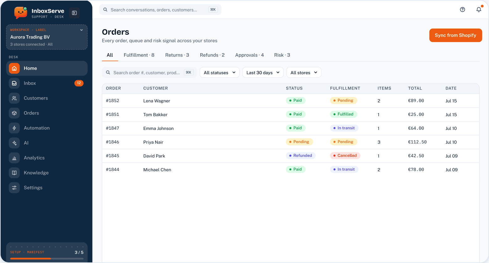Orders hub with commerce tabs and order table